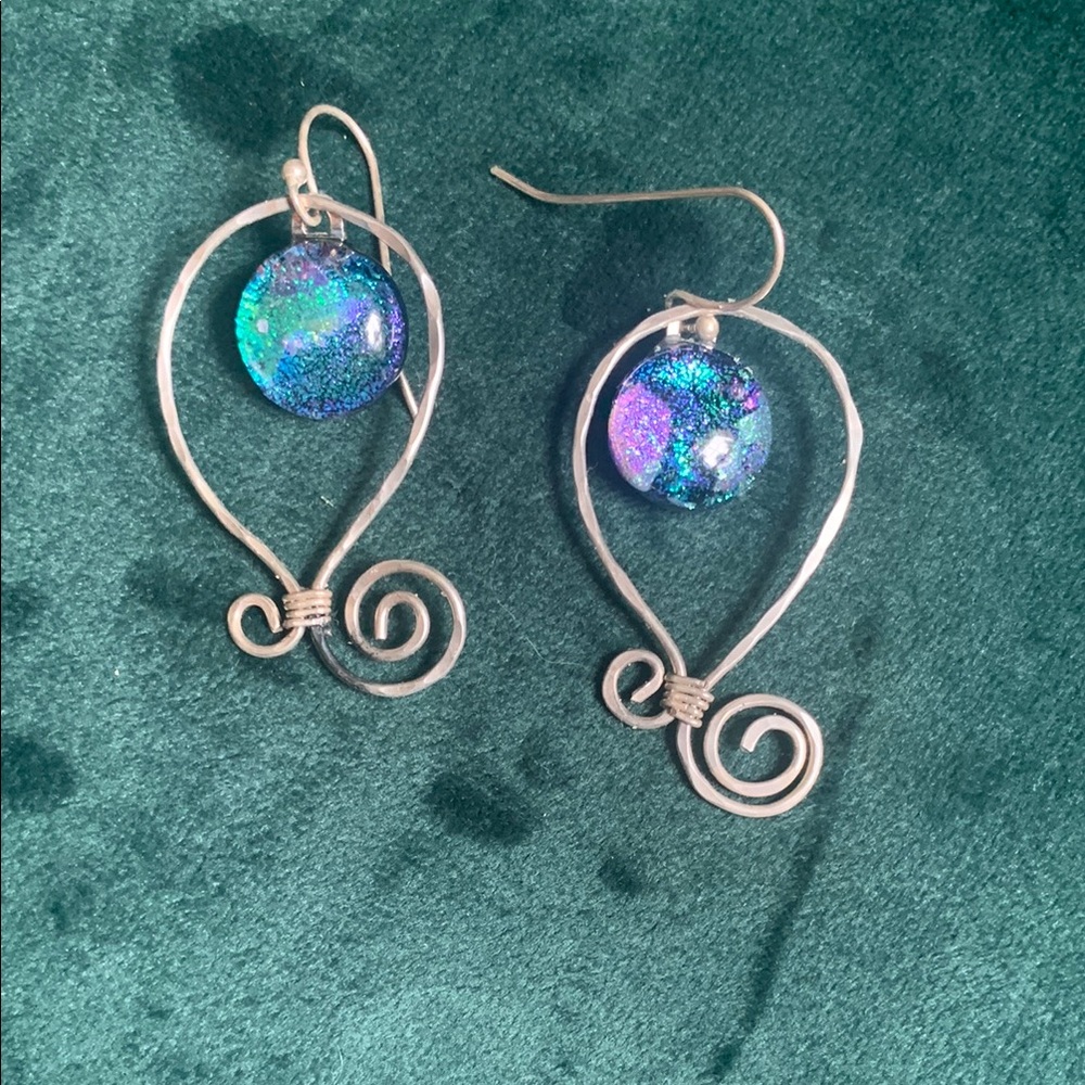 Vibrant Dichroic Glass Earrings with Silver Swirl Design